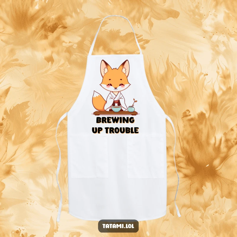 Funny apron with a fox in a kimono, preparing for a tea ceremony, blending kitchen practicality with comedic flair.