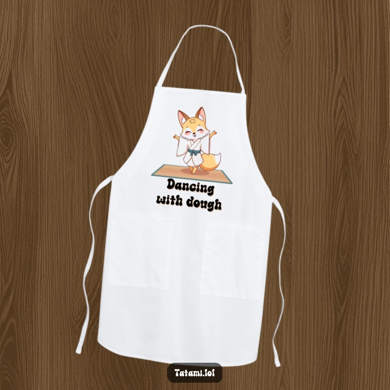 Funny fox in a silk kimono, doing a graceful pirouette while cooking, a stylish and functional apron for culinary artists.