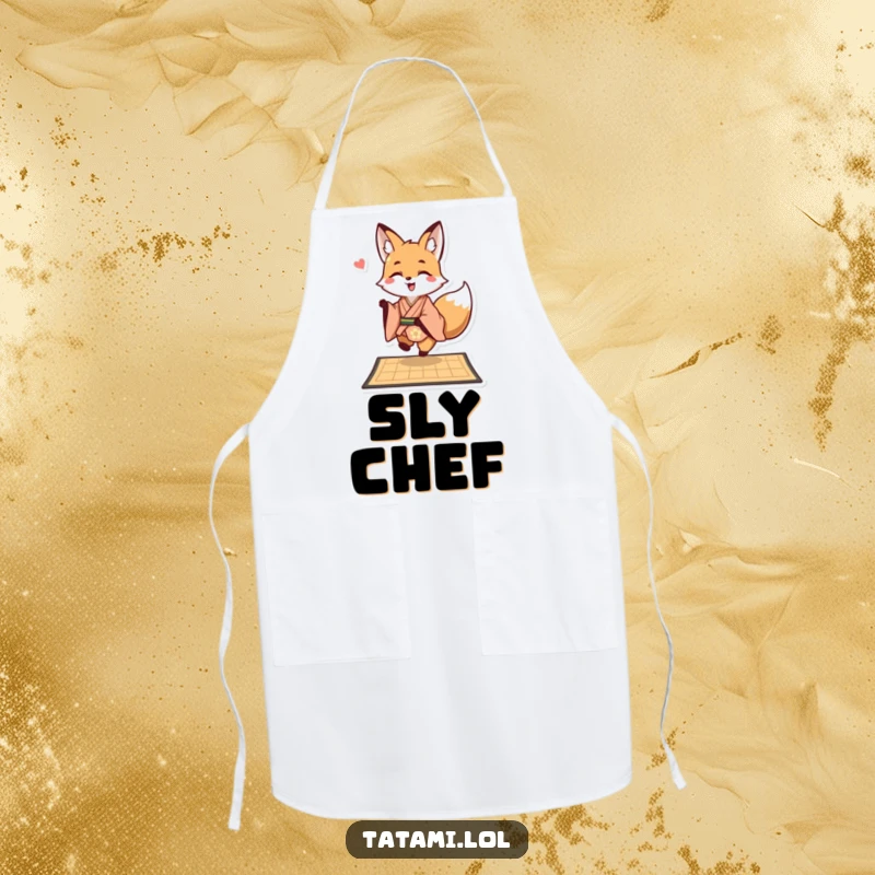 Funny fox wearing a kimono on an apron, playfully hopping onto a mat, a humorous and charming kitchen accessory.