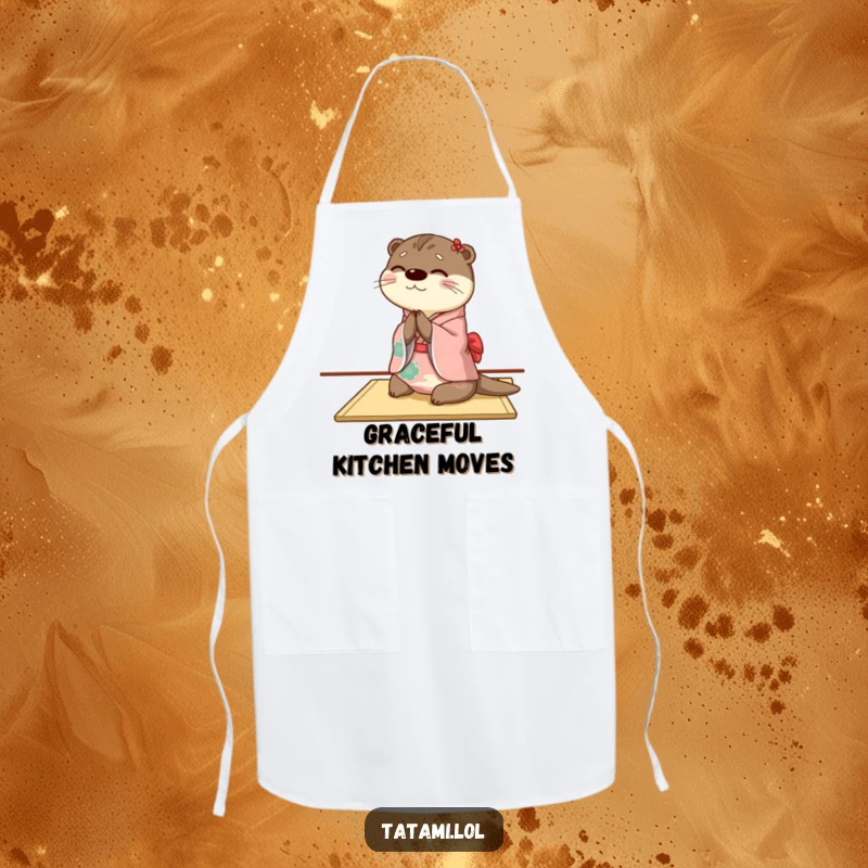 Funny otter apron featuring a happy character in a kimono bowing gracefully, adding elegance and humor to culinary activities.