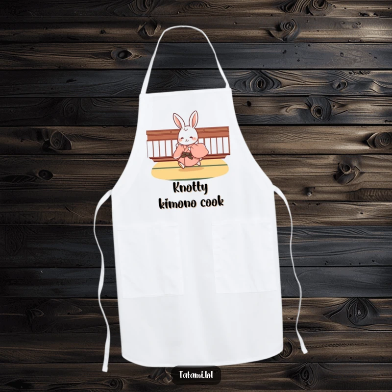Funny cute rabbit in a traditional kimono, playfully hopping while cooking, a delightful and functional apron, great for foodies.