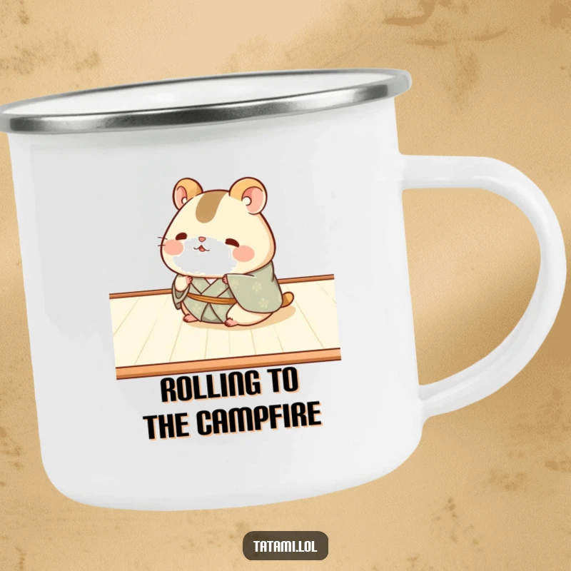 Funny Hamster Kimono Camping Mug: Chubby hamster in a kimono humorously rolling, perfect for funny outdoor moments.