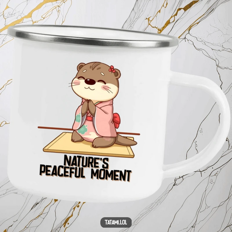 Funny otter camping mug featuring a character in a kimono bowing gracefully, perfect for outdoor drinks with humor.