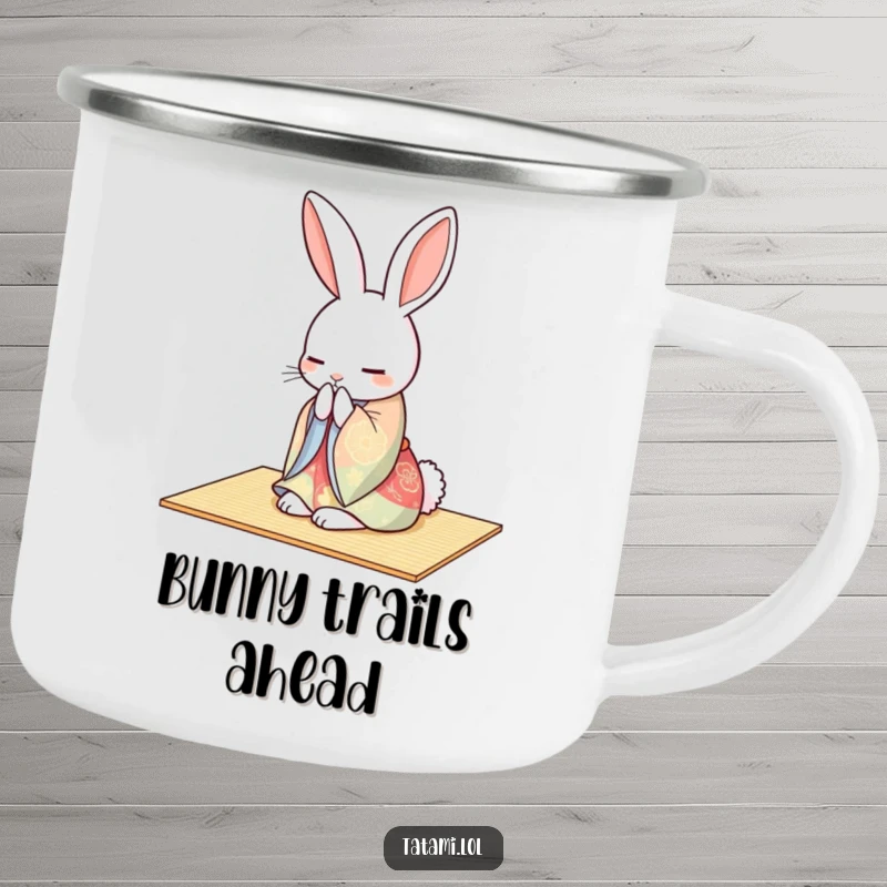 Peaceful rabbit in a colorful kimono gracefully bowing on a tatami mat, printed on a durable enamel camping mug.