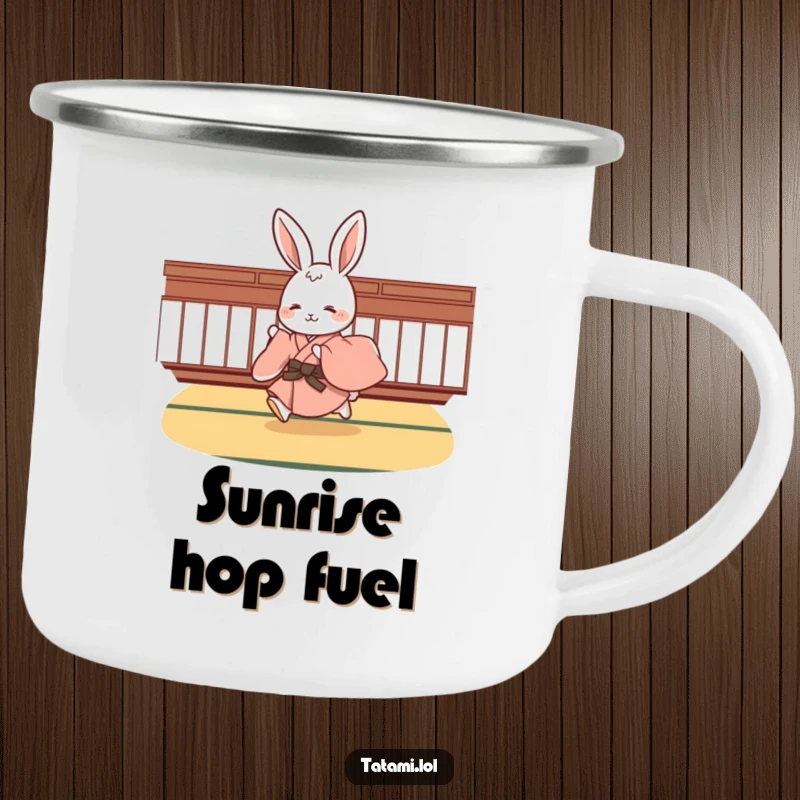 Funny cute rabbit in a kimono, hopping cheerfully on a tatami mat, a durable and charming camping mug for adventures.