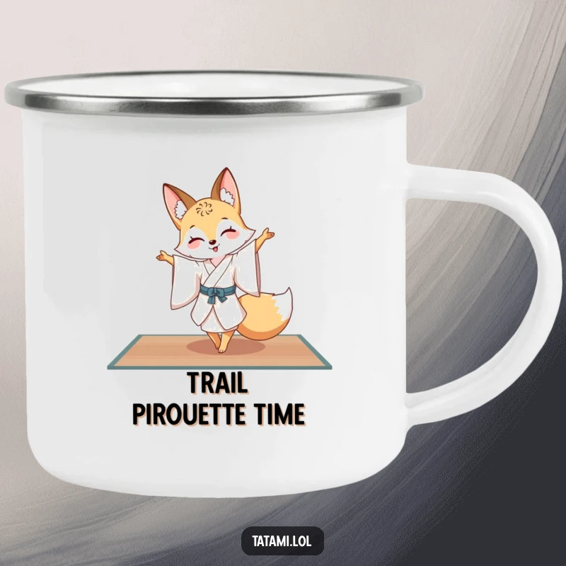 Funny fox in a silk kimono, mid-pirouette on a tatami mat, a durable and elegant camping mug for outdoor enthusiasts.