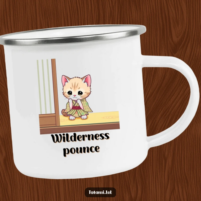Funny kitten wearing a kimono on a camping mug, playfully batting a tatami mat, ready for adventures.