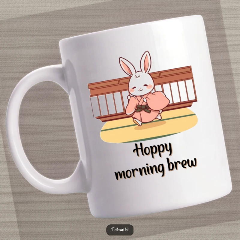 Funny rabbit in a floral kimono, playfully hopping with joy on a traditional tatami floor, a perfect cute animal gift.