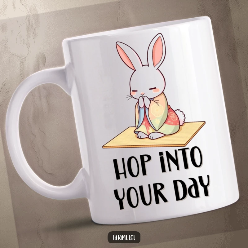 Funny rabbit wearing a colorful kimono, gracefully bowing on a tatami mat, depicted on a mug.
