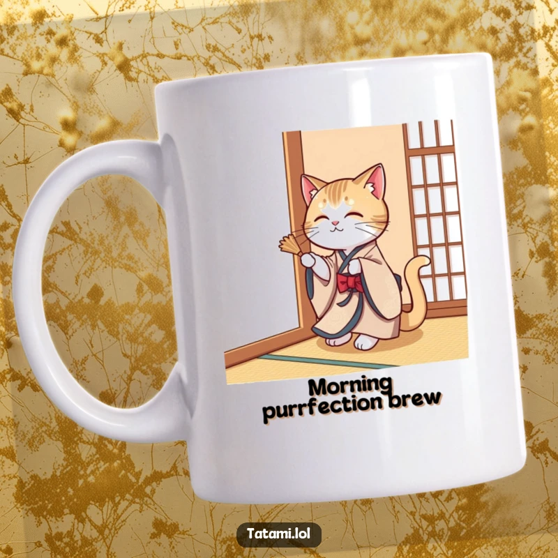 Funny cat wearing an elegant kimono, playfully swatting a tatami mat corner on a mug, exuding grace and mischief.