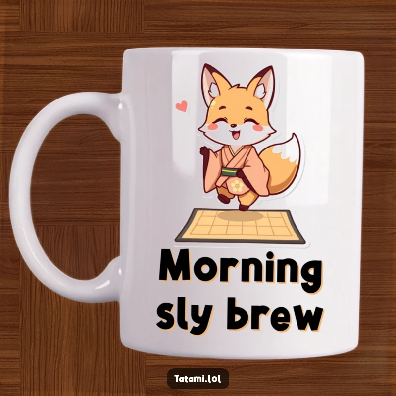 Funny happy fox character wearing a kimono, playfully hopping onto a mat on a mug.