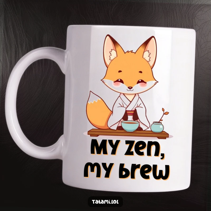 Funny mug featuring a fox in a simple kimono, gracefully posing for a tea ceremony, conveying peaceful humor.