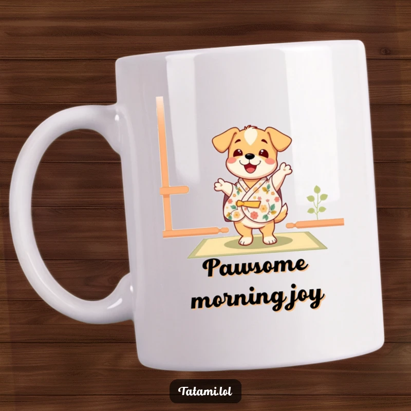 Funny delighted puppy in a floral kimono, joyfully dancing on a tatami mat, a cute and cheerful mug for dog moms.