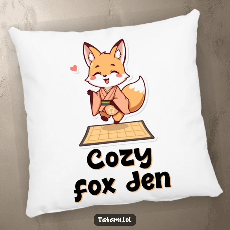 Funny fox in a kimono on a pillow, playfully hopping onto a mat, a soft and charming decor item.
