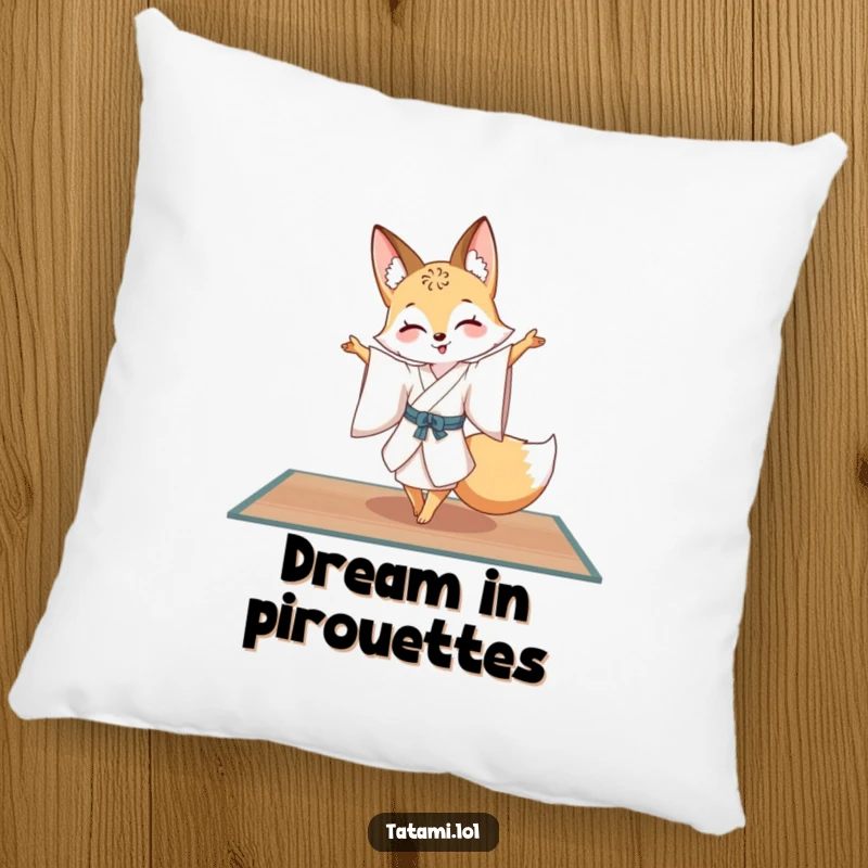 Funny fox character in a silk kimono, performing a graceful pirouette on a tatami mat, a decorative and comfortable pillow.