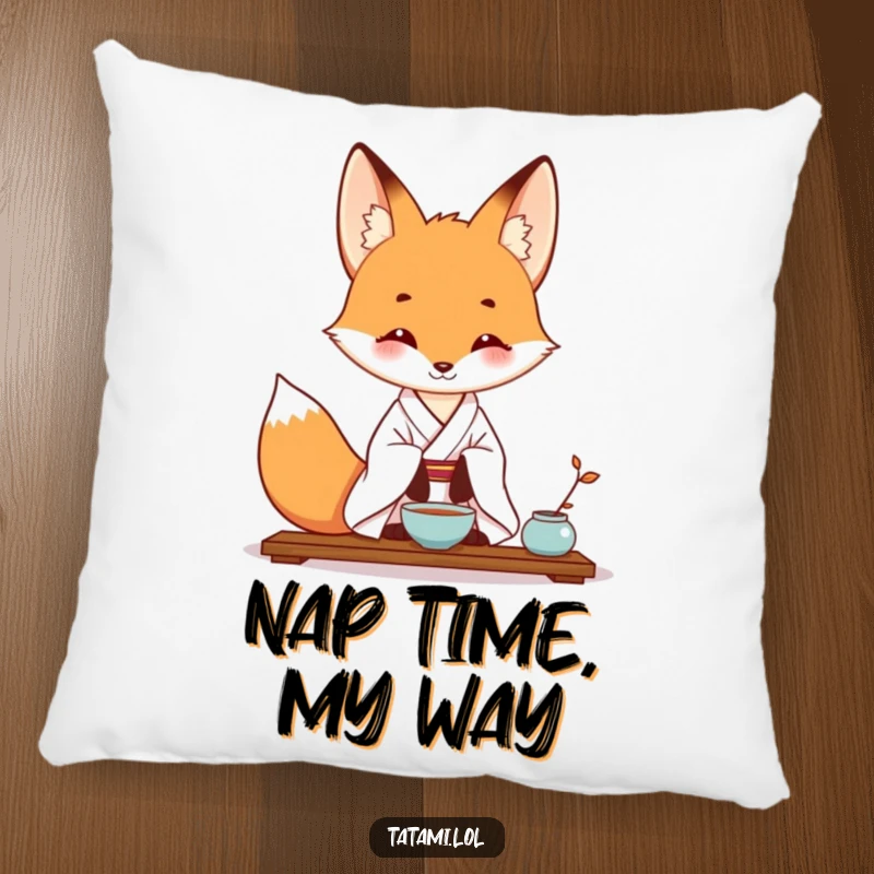 Funny pillow featuring a fox in a kimono, serene during a tea ceremony, offering plush comfort and humor.