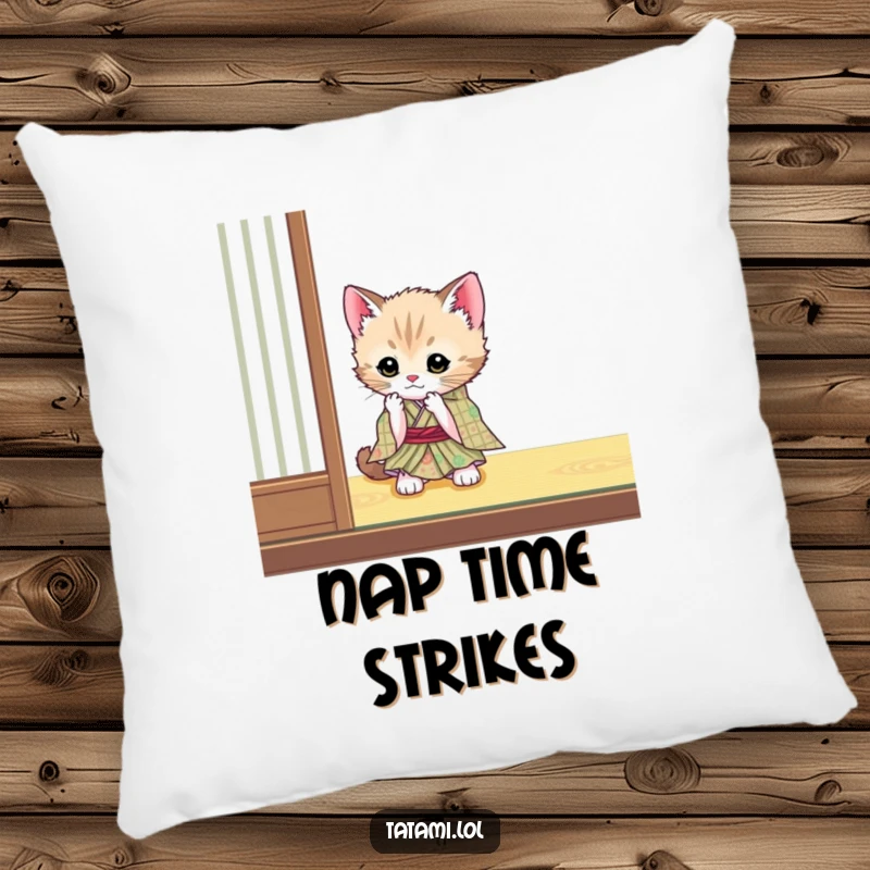 Funny kitten in a tiny kimono on a pillow, playfully batting a tatami mat, a soft and cute decor item.