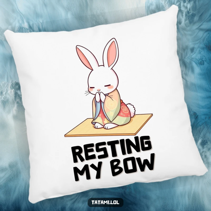 A soft pillow featuring a funny rabbit in a colorful kimono, gracefully bowing on a tatami mat.