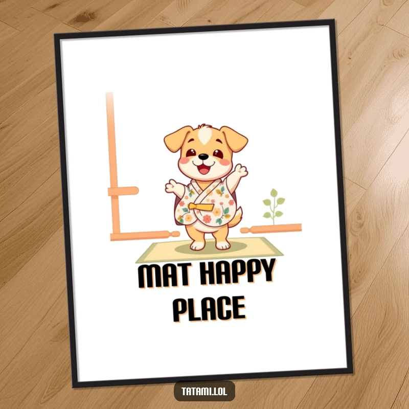 Funny puppy character in a floral kimono, happily dancing on a tatami mat, high-quality digital art for cheerful decor.