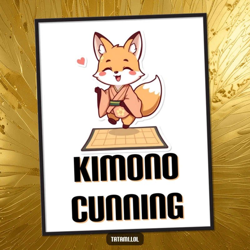 Funny happy fox in a kimono on a digital art print, playfully hopping onto a mat, bringing instant whimsical decor.