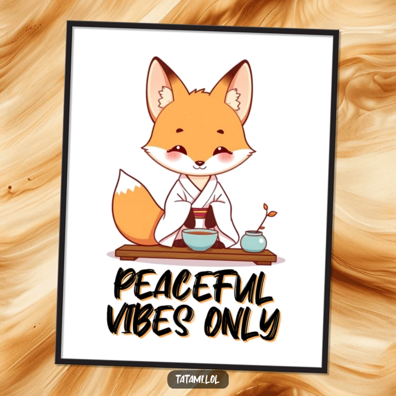 Funny digital art print of a fox in a kimono, gracefully posing for a tea ceremony, perfect for wall decor.