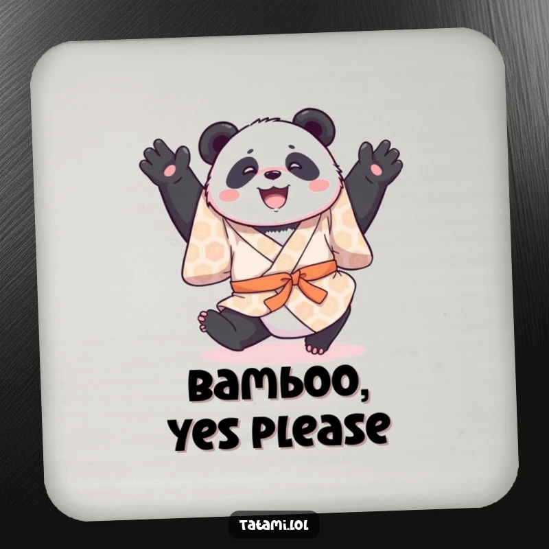 Funny coaster with a joyful panda in a patterned kimono, mid-somersault, protecting surfaces with playful charm.