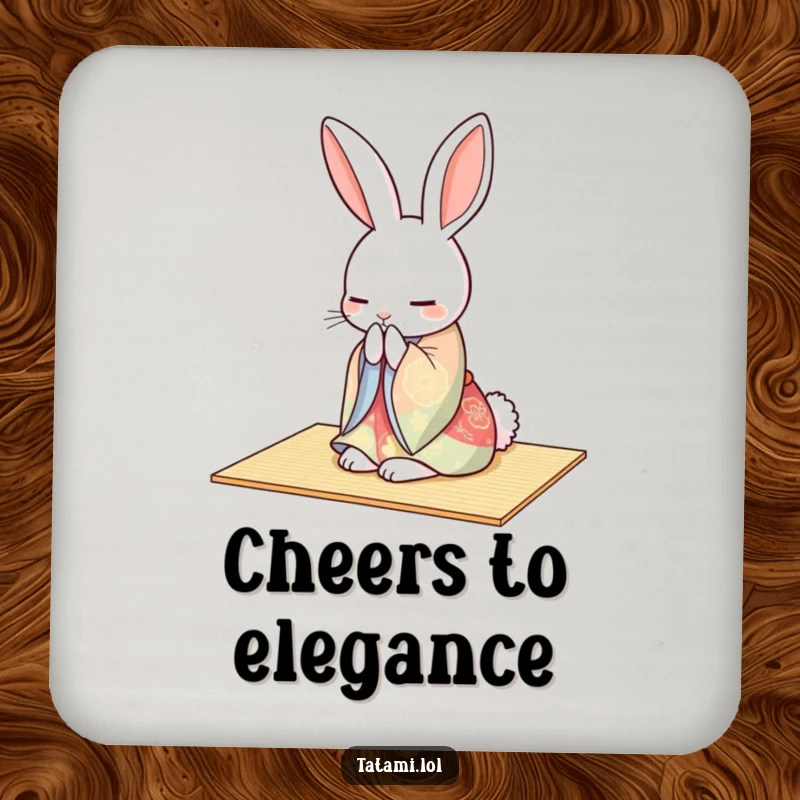 Funny rabbit wearing a kimono, gracefully bowing on a tatami mat, on a drink coaster.