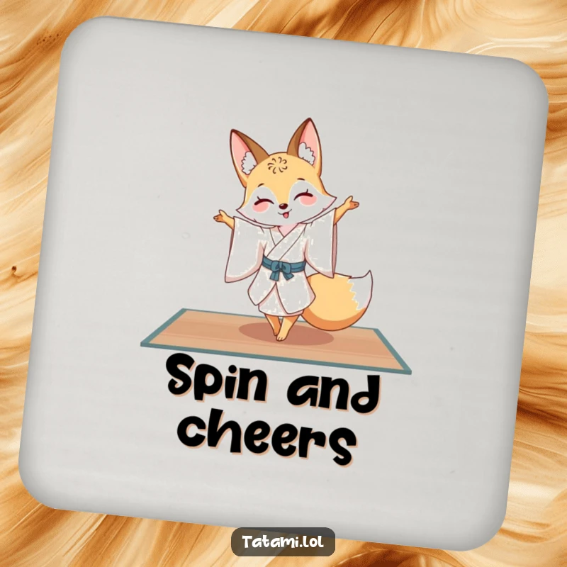 Funny fox in a silk kimono, performing a pirouette on a tatami mat, a decorative and protective drink coaster.
