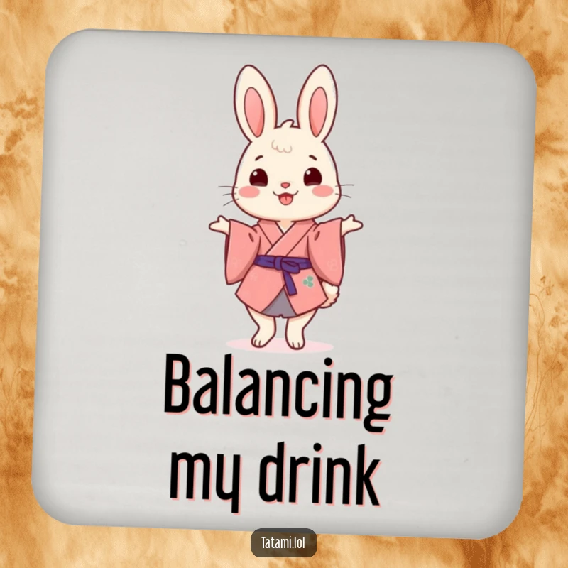Funny Kimono Rabbit Coaster: Cheerful rabbit in a kimono humorously balancing, protecting surfaces with funny flair.