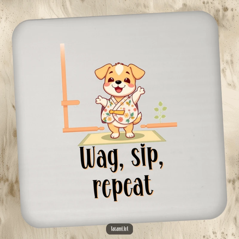 Funny puppy in a floral kimono, joyfully dancing on a tatami mat, a cute and protective drink coaster.