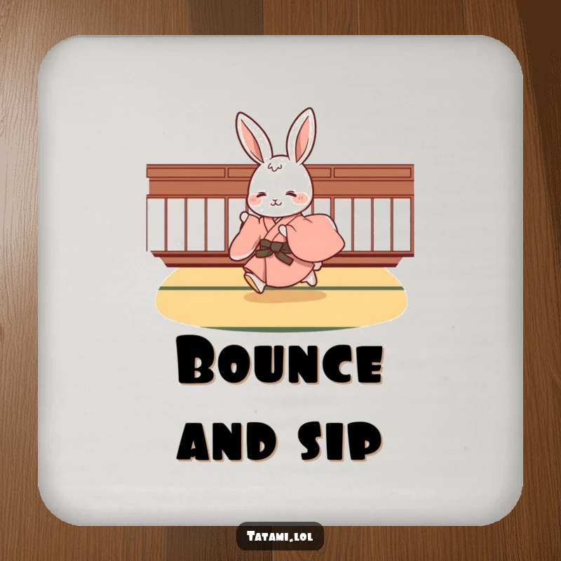 Funny rabbit wearing a kimono, playfully hopping on a tatami floor, a cute and protective drink coaster for home decor.