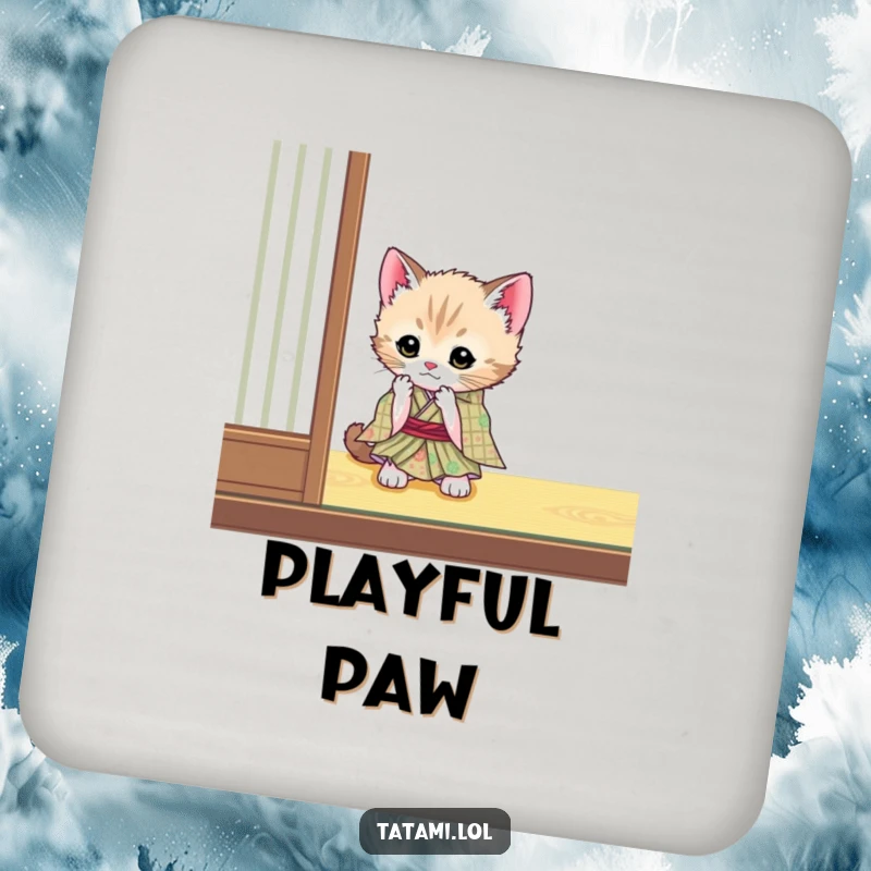 Funny kitten in a kimono on a drink coaster, playfully batting a tatami mat corner, decorative and functional.