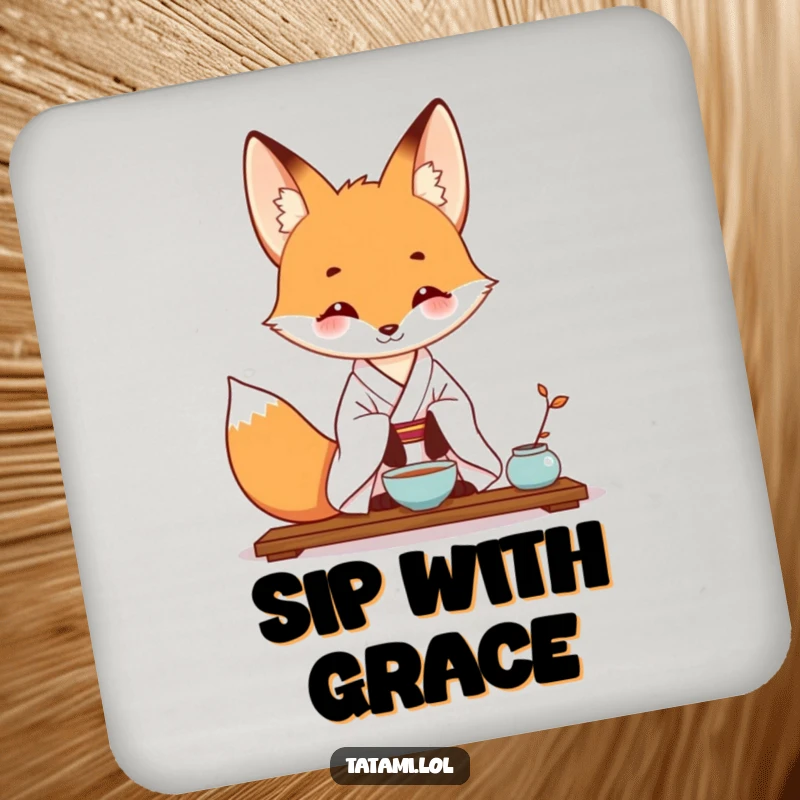 Funny coaster with a fox in a kimono, elegantly performing a tea ceremony, protecting tables with humor.
