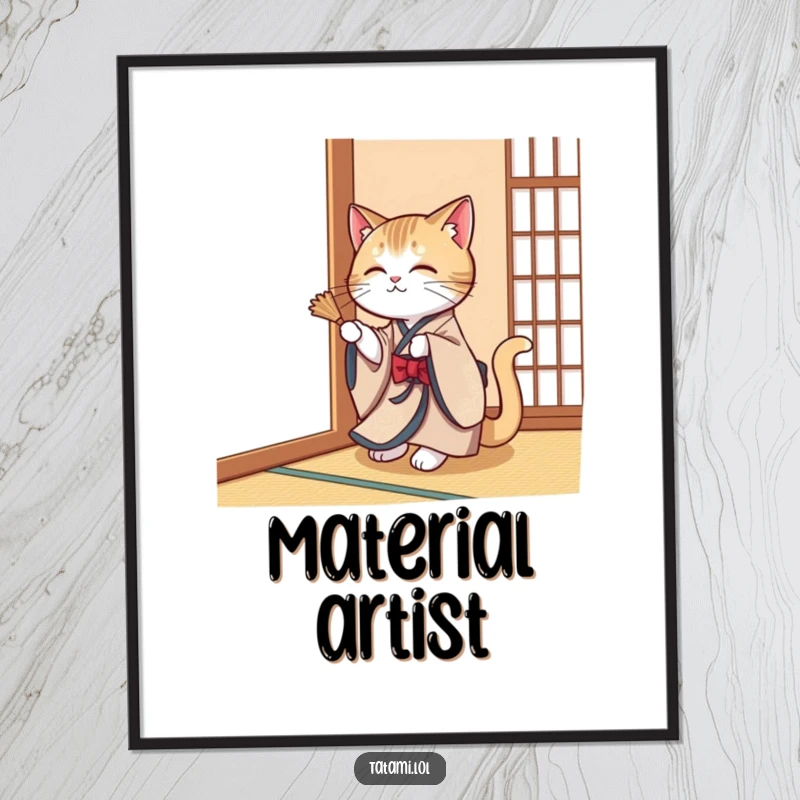 Elegant cat in a kimono playfully batting at a tatami mat corner, depicted in a humorous poster.