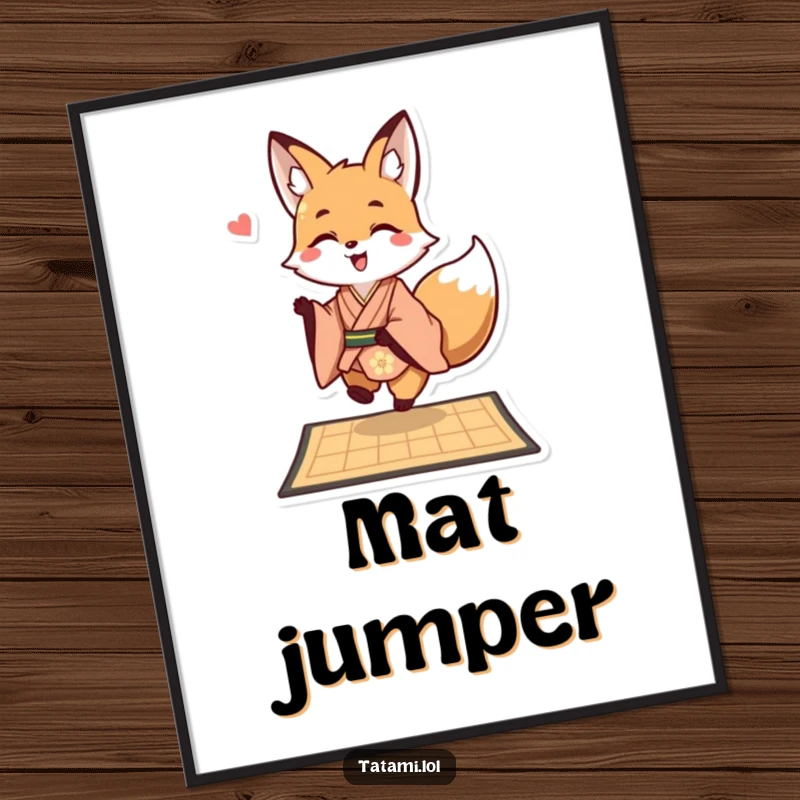 Funny happy fox in a kimono on a poster, playfully hopping onto a mat, whimsical and charming wall art.