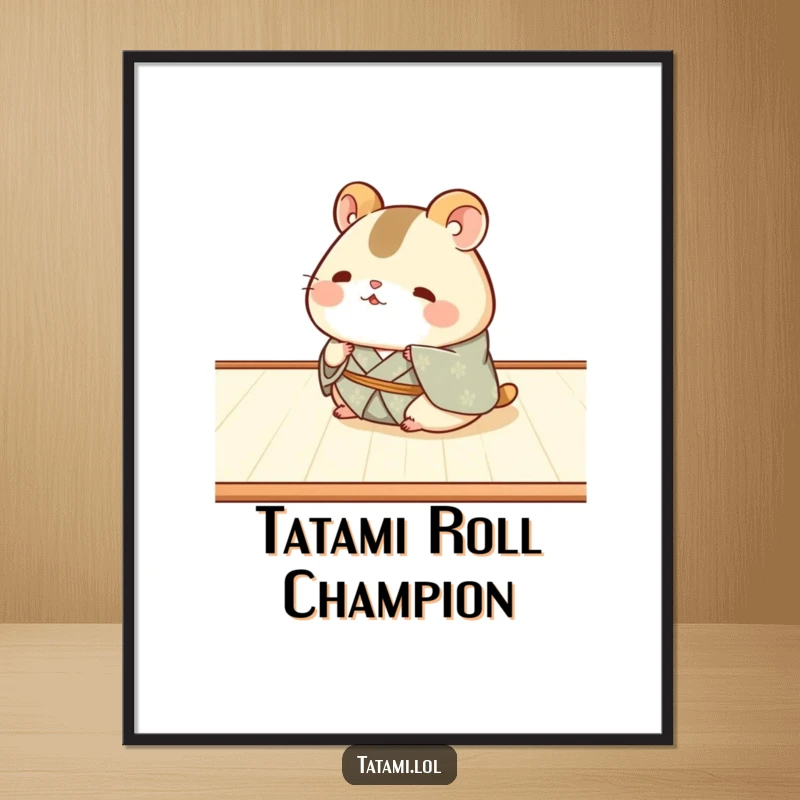 Funny Hamster Kimono Poster: Chubby hamster in a kimono humorously rolling on tatami, adding funny vibes to decor.