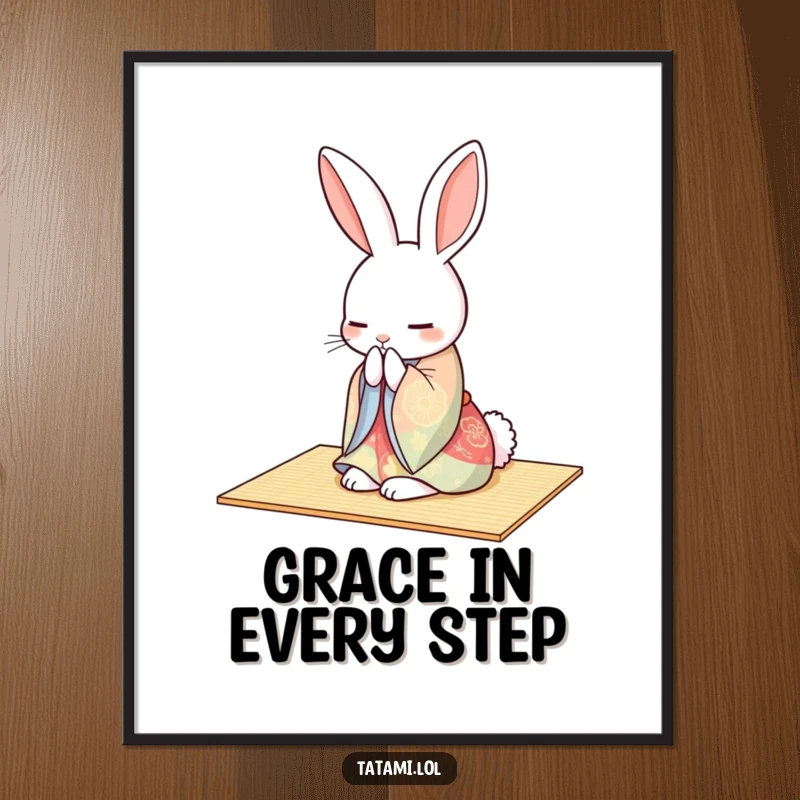 Graceful rabbit in a colorful kimono bowing on a tatami mat, depicted in a humorous poster.