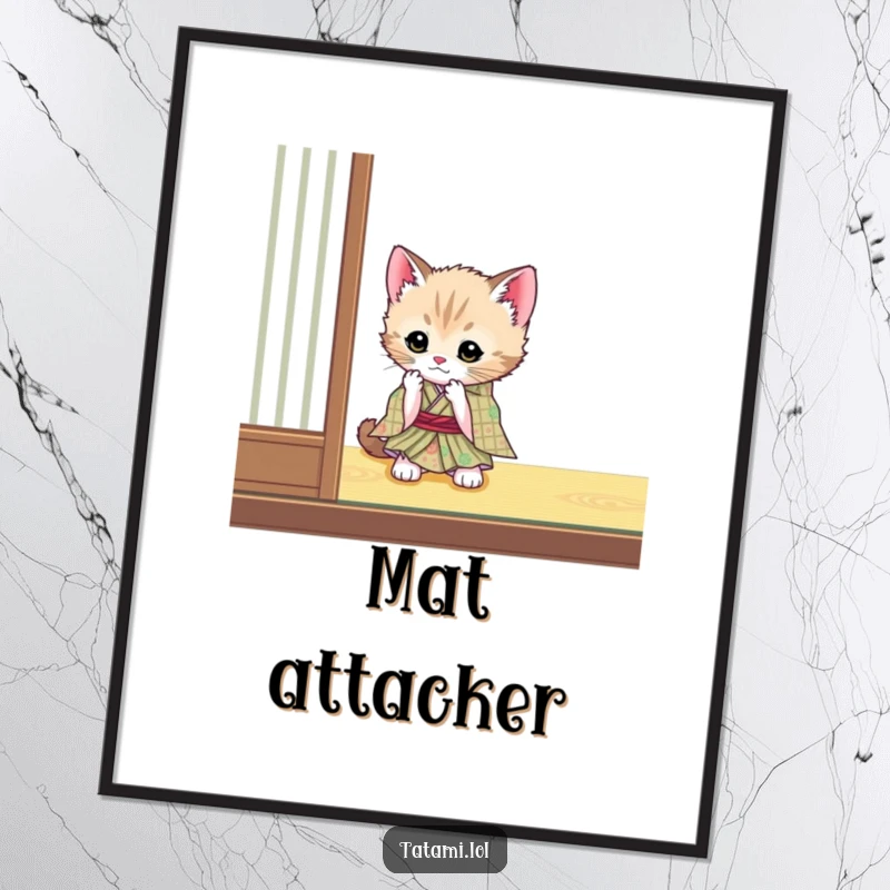 Funny cute kitten in a kimono on a poster, playfully batting a tatami mat corner, charming wall art.
