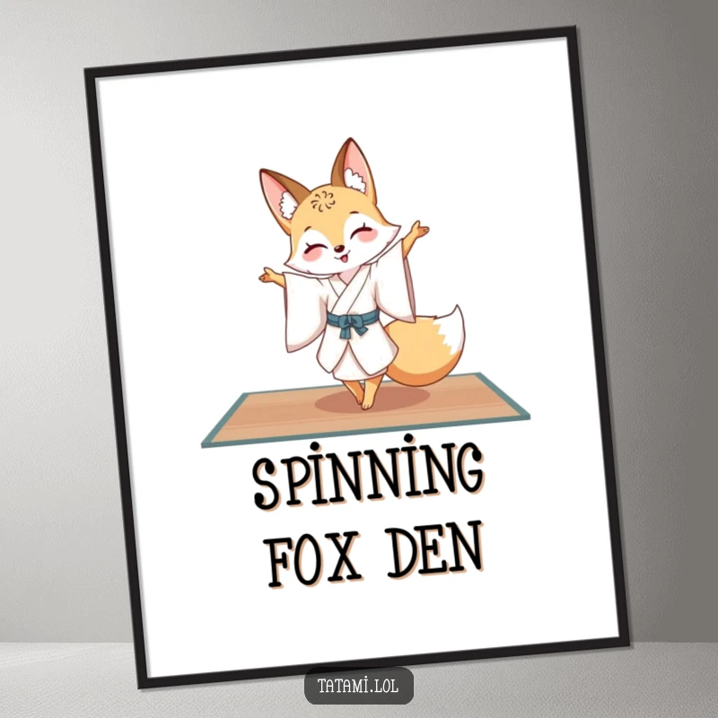 Funny fox in a silk kimono, in a graceful pirouette pose on a tatami mat, a beautiful art print for decor.