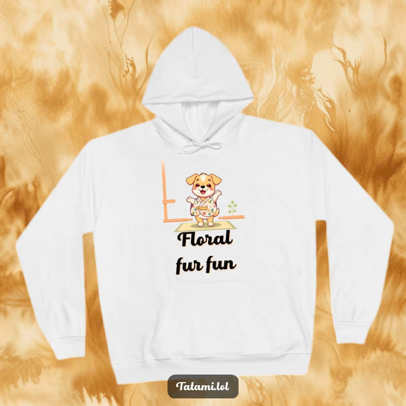 Funny puppy in a floral kimono, doing a happy little dance on a tatami floor, a soft and cozy hoodie.