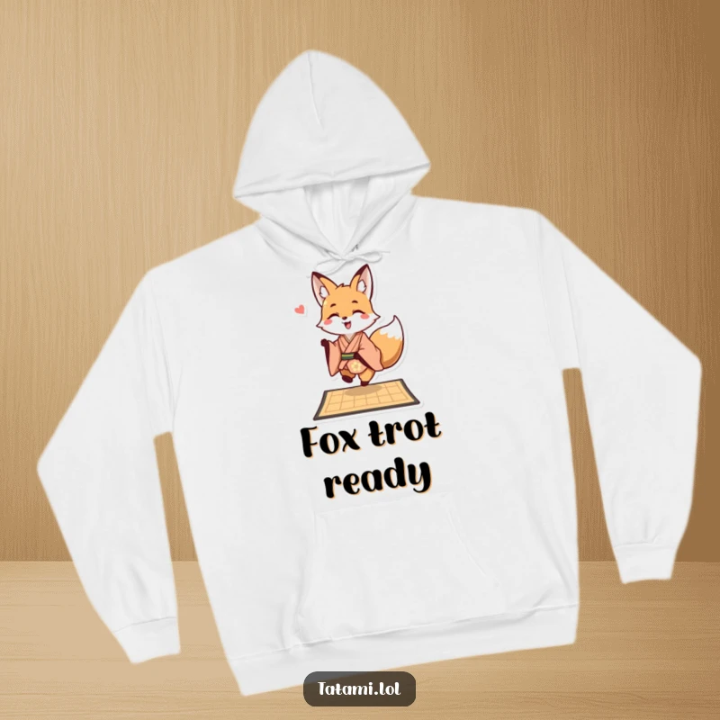 Funny fox in a kimono on a hoodie, playfully hopping onto a mat, a cozy and stylish apparel.