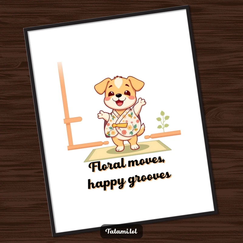 Funny Free Printable Wall Art: A delighted puppy in a floral kimono doing a happy dance on a tatami mat, cheerful art.