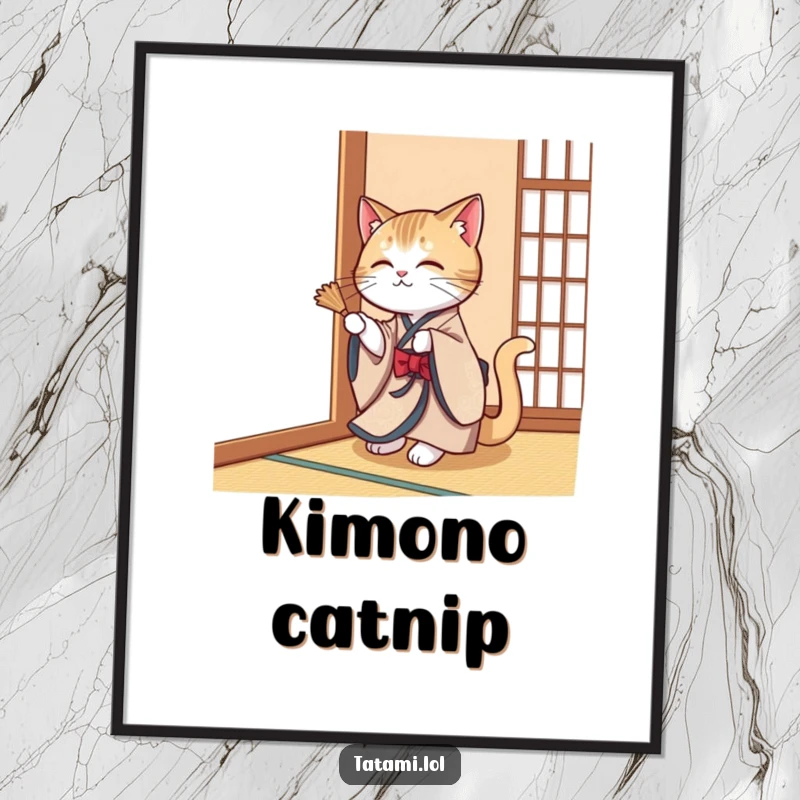 Funny Free Printable Wall Art: Elegant cat in a colorful kimono playfully swatting a tatami mat corner with a cheeky expression, humorous downloadable decor.