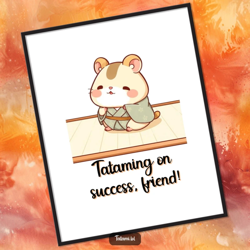 Funny Free Printable Wall Art: Chubby hamster in a kimono rolling joyfully across tatami, creating whimsical decor.