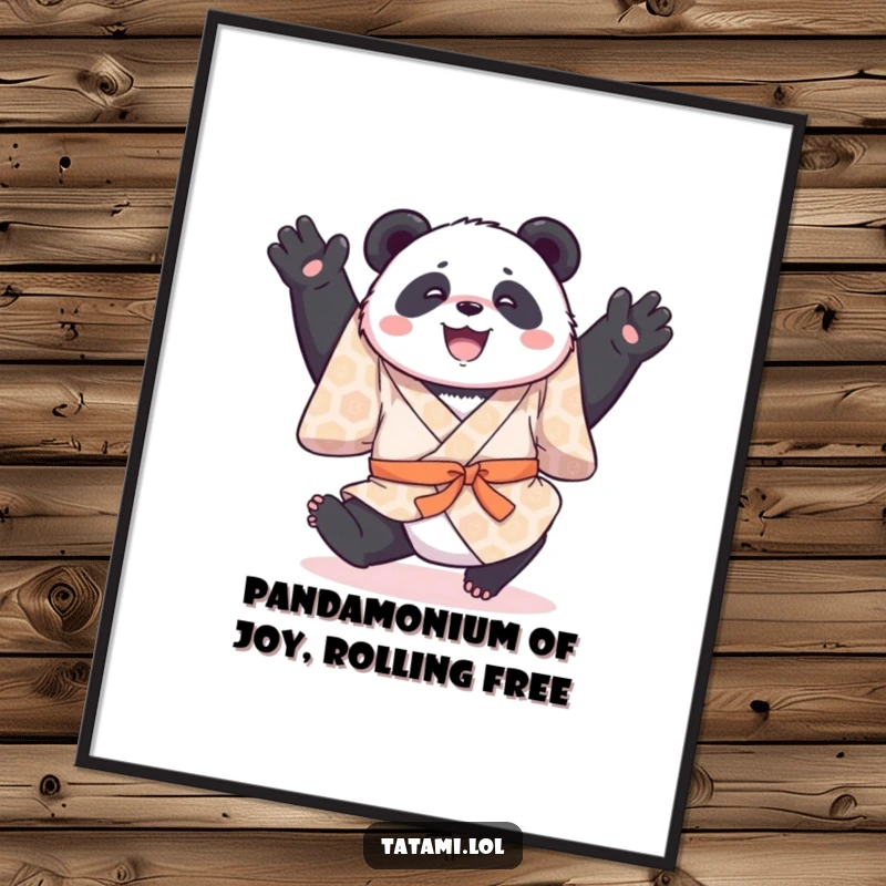 Funny Free Printable wall art of a joyful panda in a patterned kimono, performing a gentle somersault with an infectious grin.