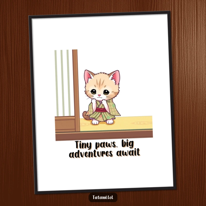 Funny Free Printable Wall Art: Cute kitten wearing kimono, playfully batting tatami mat, adorable humorous downloadable decor.
