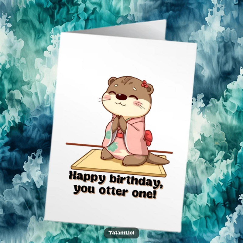 Funny Free Printable Birthday Card: A happy otter in a kimono bows gracefully, wishing a very happy birthday.