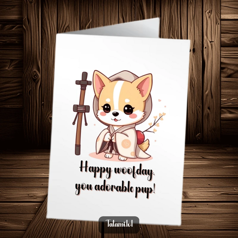 Funny Free Printable birthday card featuring a cute dog wearing a kimono, peeking playfully from behind a sho protector.