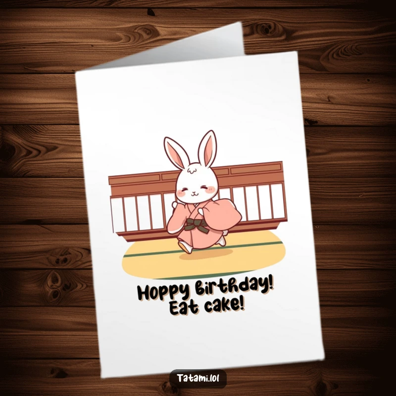 Funny Free Printable Birthday Card: Cute rabbit in a kimono playfully hopping across a tatami floor, bringing joy.
