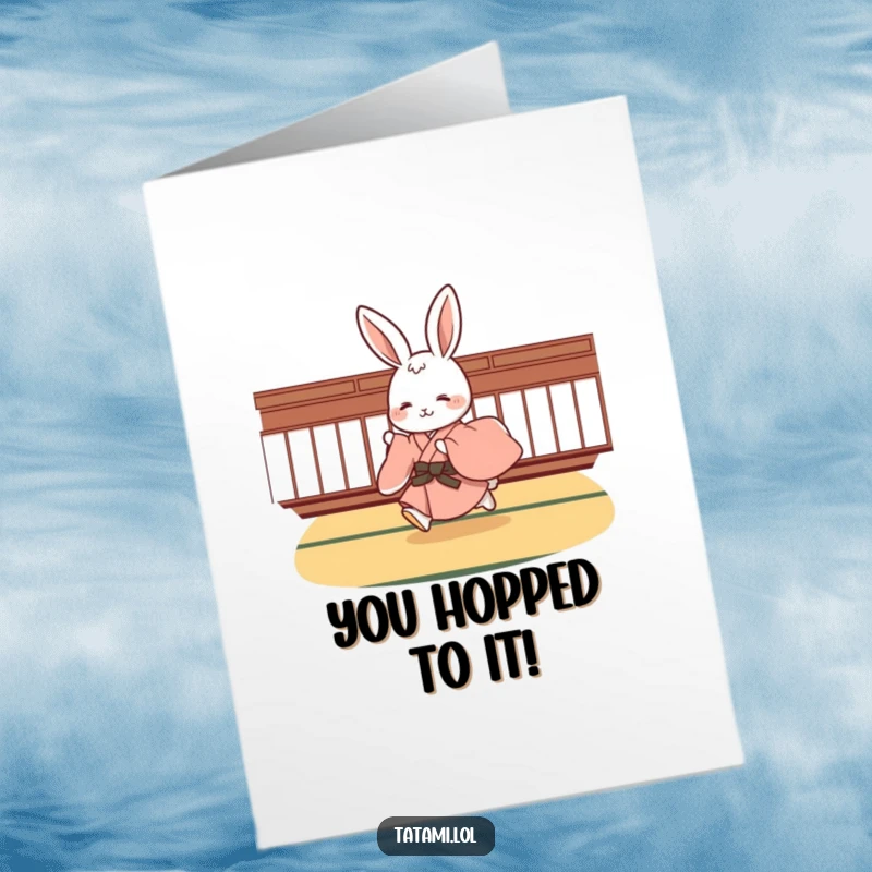 Funny Free Printable Congrats Card: Adorable rabbit in a kimono hopping gracefully on a tatami floor, celebrating success.